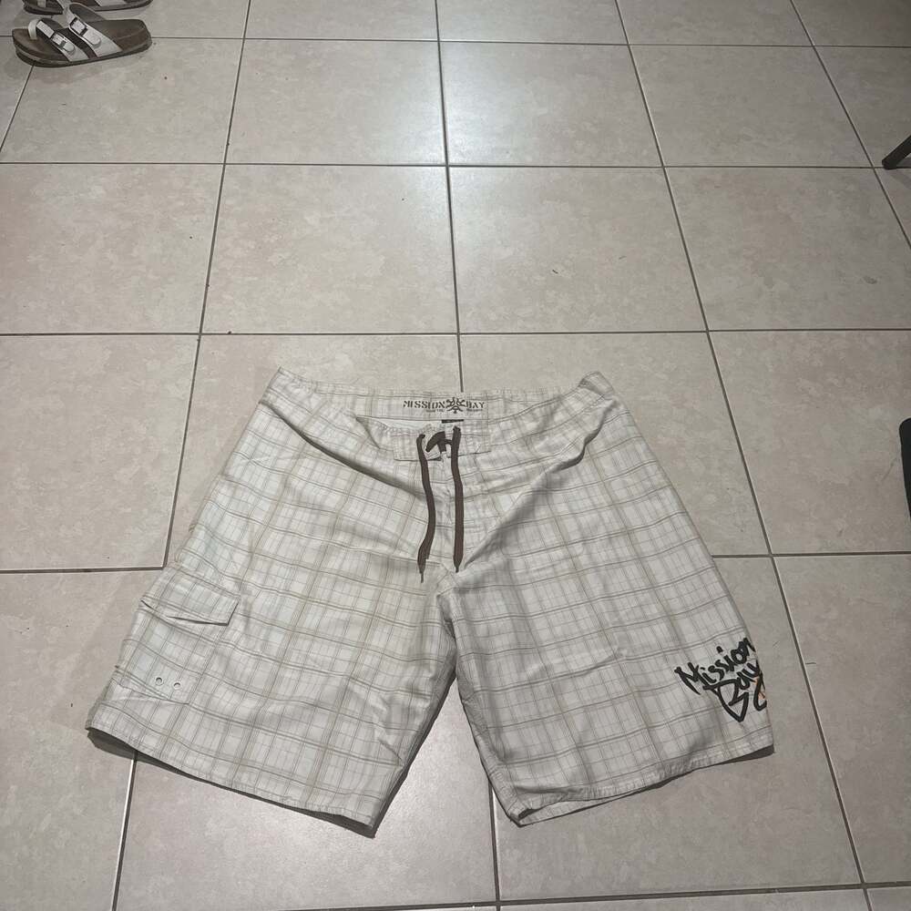 Mission Bay Plaid Board Shorts, White/Tan Cargo Surf Trunks